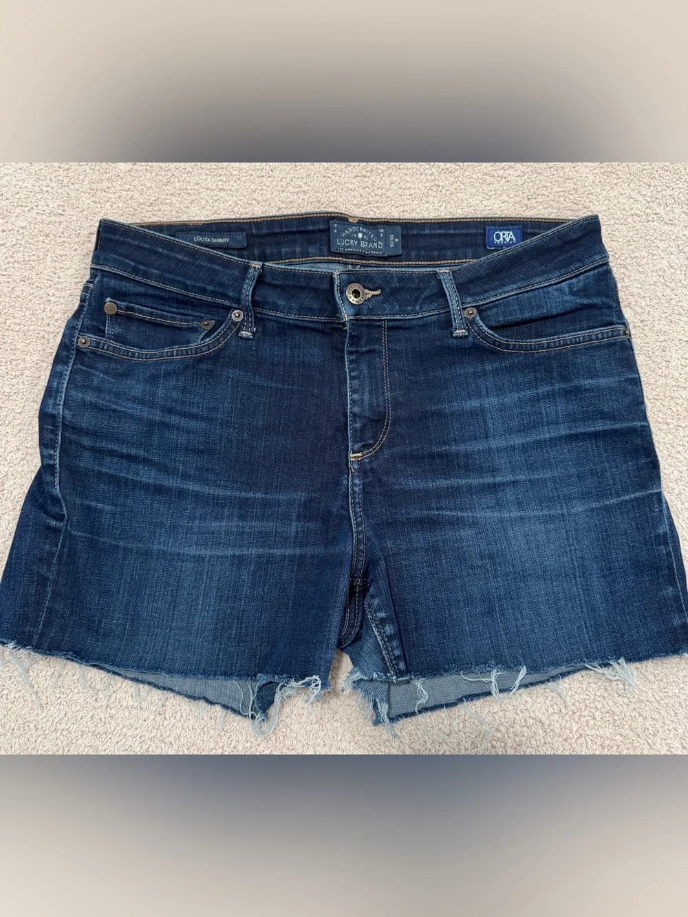 Lucky Brand Lolita Skinny Cut‑Off Denim Shorts Raw Hem Dark Wash Size 10/30